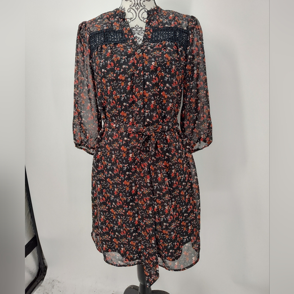 Black Poppy Floral Sheer Layered Button Details Boho Mini Dress Women's Medium